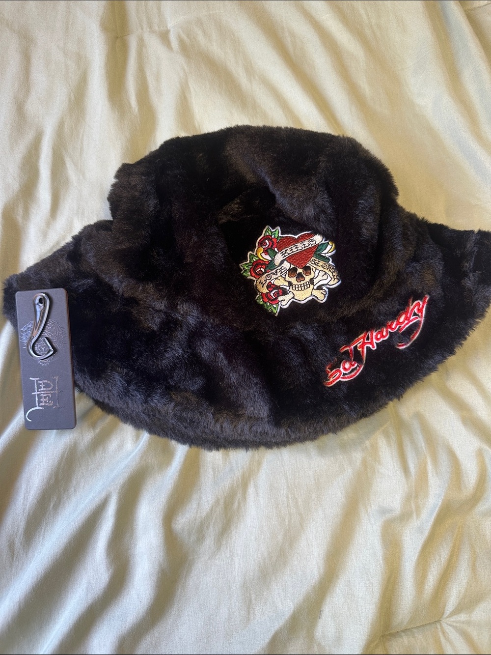 Ed Hardy Black Faux Fur Bucket Hat with Embroidered Skull & Rose Patch